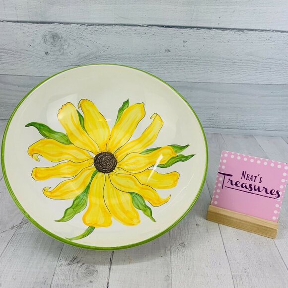 Jilly Walsh For Mariposa Italy Large Ceramic SUNFLOWER Green Trim Serving Bowl - Picture 1 of 8